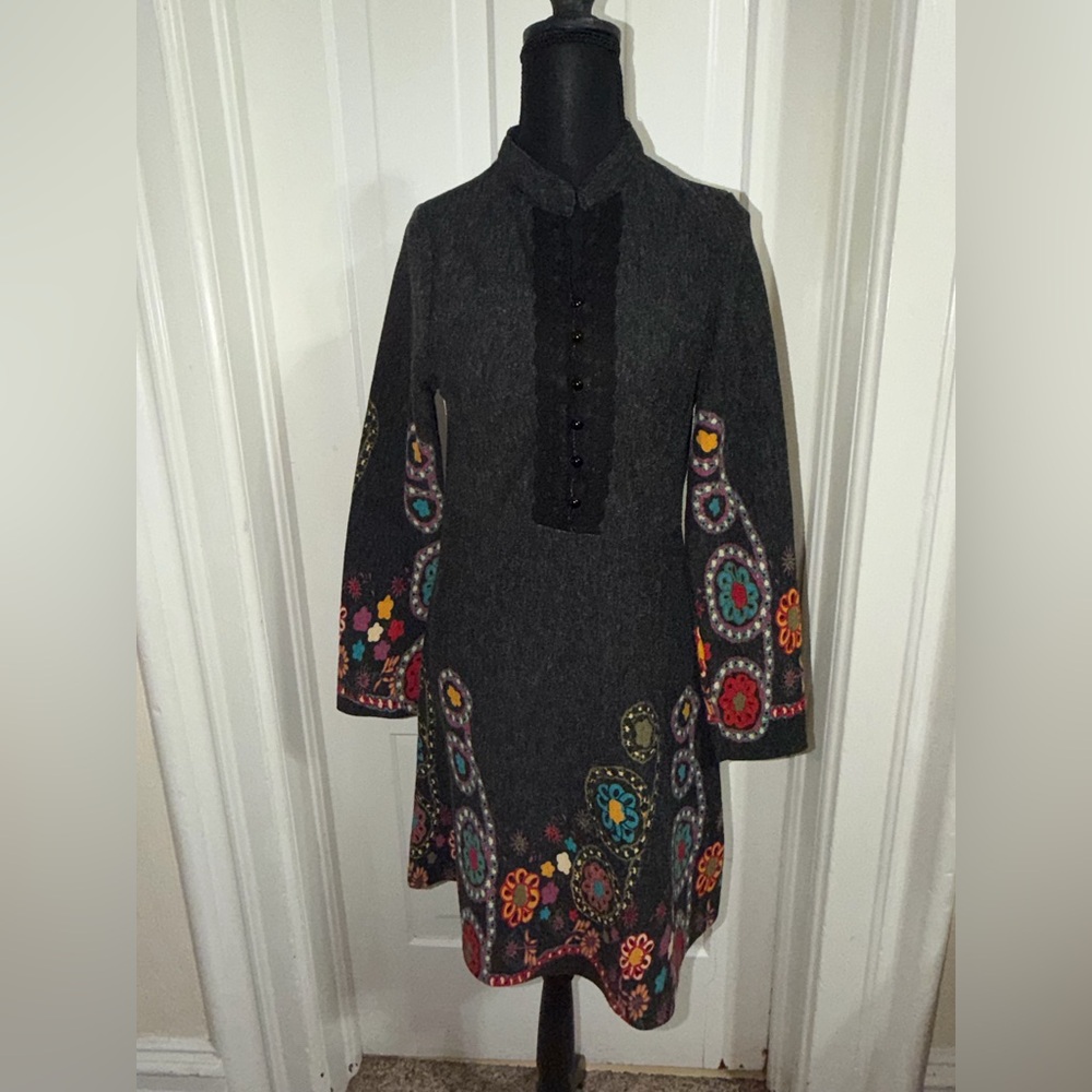 Reborn Dark Gray Tunic Dress with Colorful Floral Embroidery